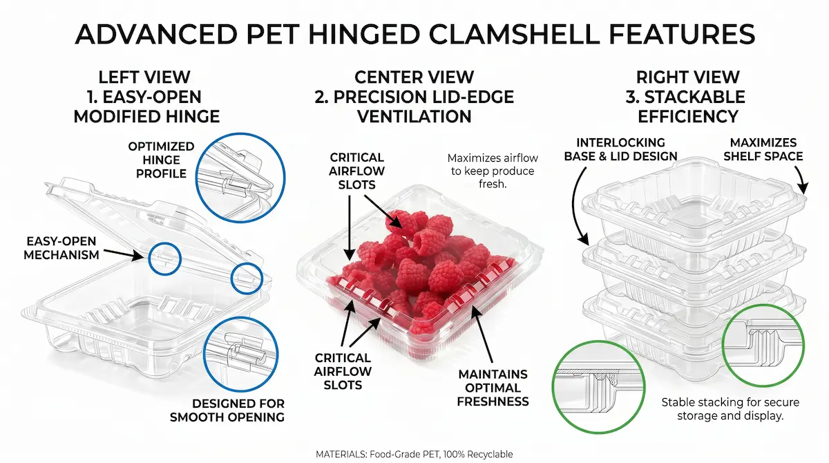 4.5oz Clamshell Produce Container feature diagram with easy-open hinge, airflow slots, and stackable PET structure