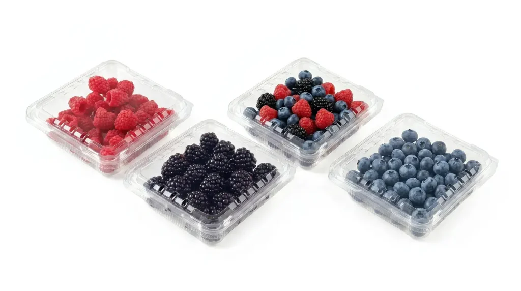 4.5oz Clamshell Produce Container filled with mixed berries in clear square PET produce packaging