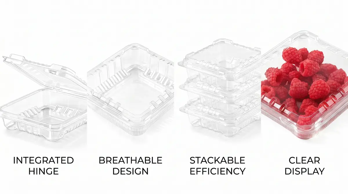 4.5oz Clamshell Produce Container feature display showing integrated hinge, breathable design, stackable efficiency, and clear display