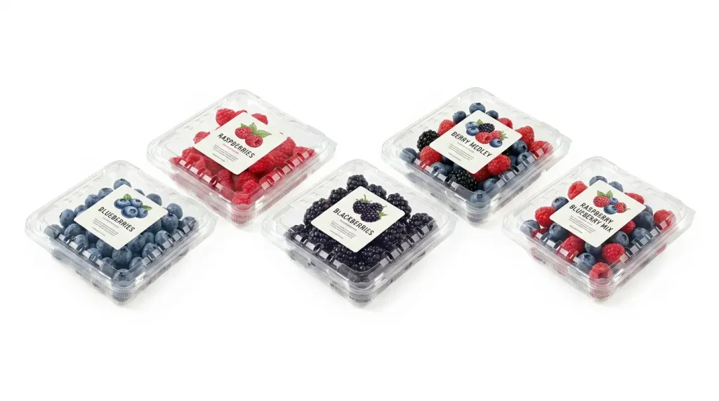 4.5oz Clamshell Produce Container with berry labels for blueberries, raspberries, blackberries, and mixed berries