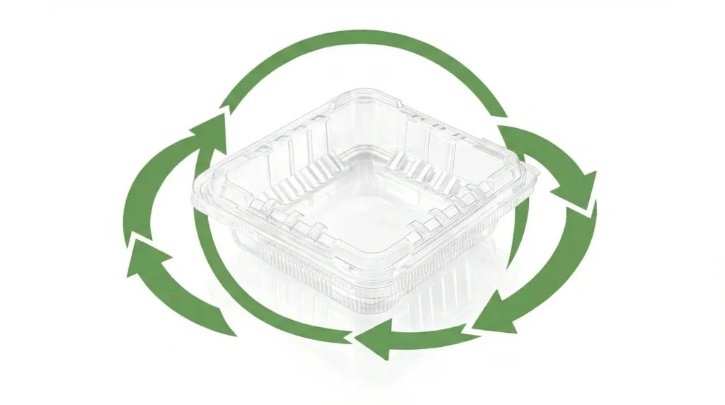 4.5oz Clamshell Produce Container with green recycling arrows for recyclable PET packaging concept
