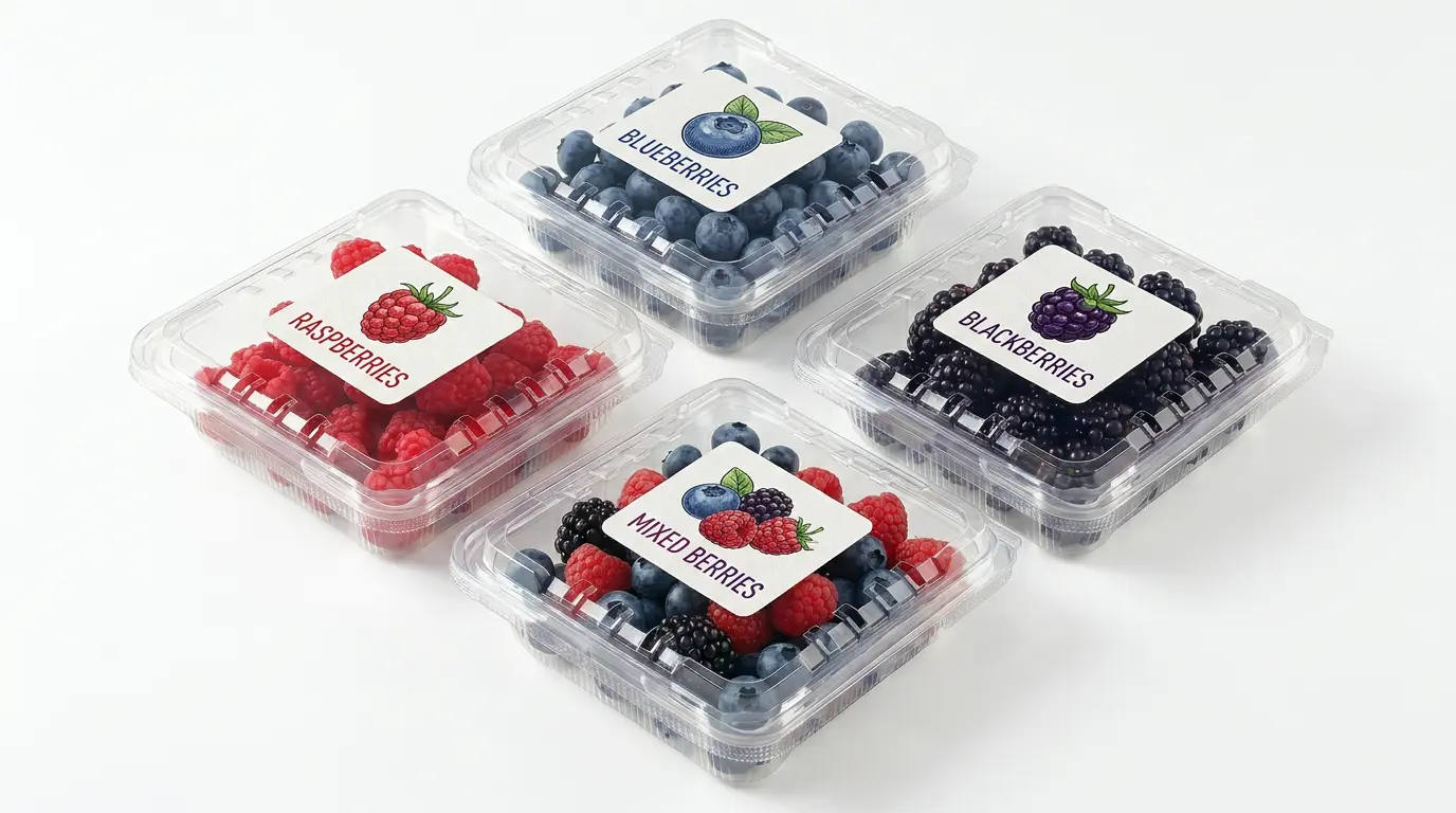 4.5oz Clamshell Produce Container retail pack display with labeled berry clamshell boxes