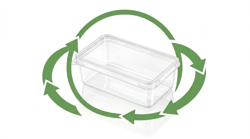 4.72 x 2.95 x 1.77 inch clear PET/RPET rectangular dessert container shown with green recycling arrows for recyclable bakery packaging.