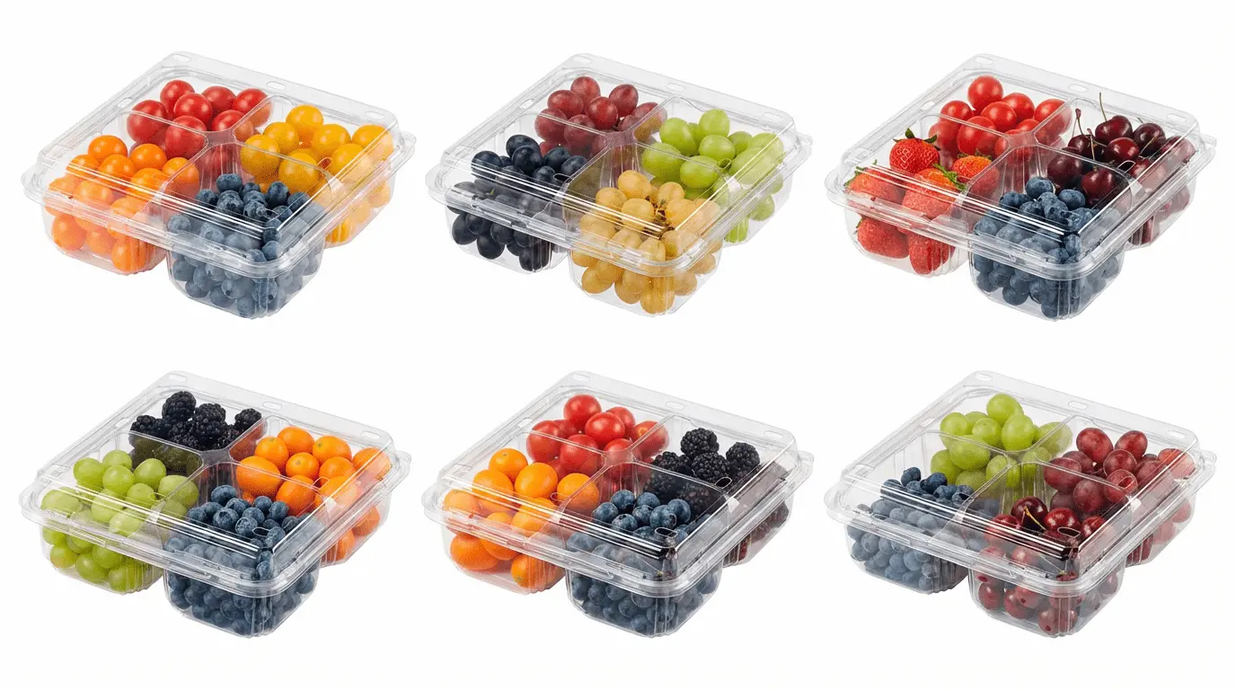 Six 4 Compartment PET Clamshell Containers showing assorted fruit packaging for tomatoes, grapes, blueberries, blackberries, strawberries, and cherries