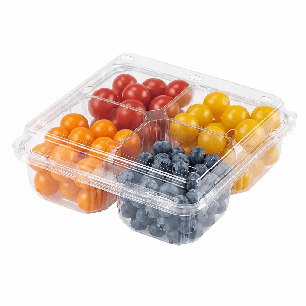 4-compartment-pet-clamshell-container-assorted-tomatoes-blueberries 4 Compartment PET Clamshell Container with assorted cherry tomatoes and blueberries