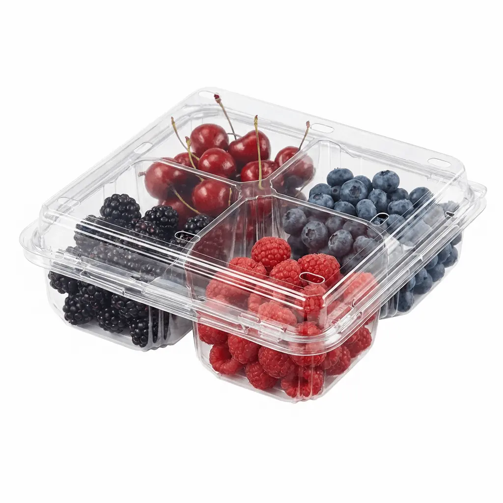 4-compartment-pet-clamshell-container-cherry-blueberry-blackberry-raspberry 4 Compartment PET Clamshell Container with cherries, blueberries, blackberries, and raspberries