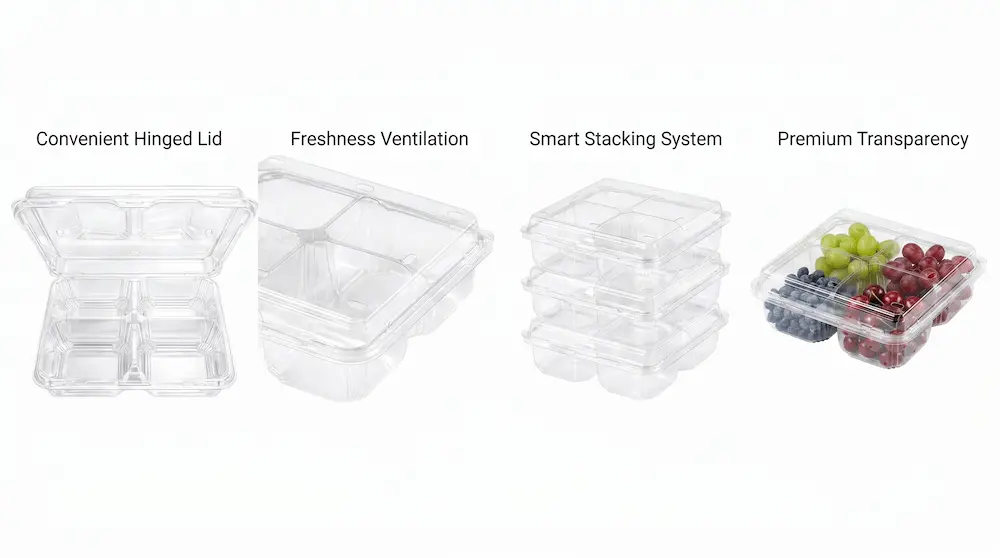 Feature overview of a 4 Compartment PET Clamshell Container showing hinged lid, ventilation, stacking, and clear display