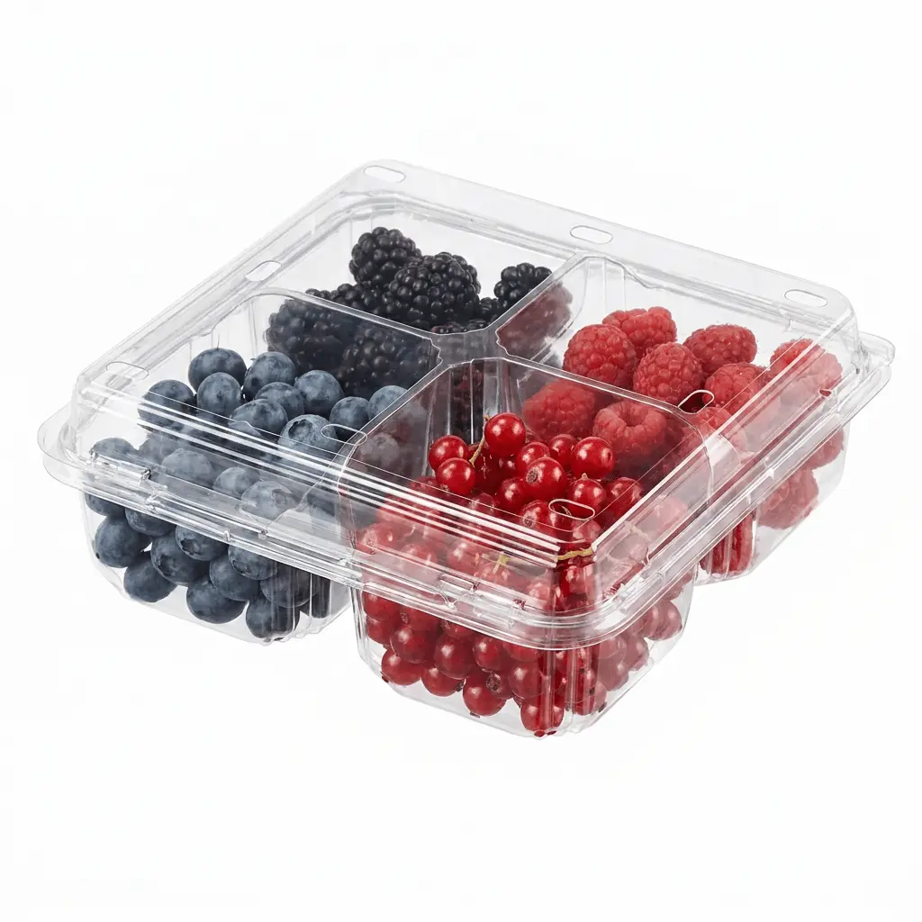 4-compartment-pet-clamshell-container-four-berry-mix 4 Compartment PET Clamshell Container for blueberries, blackberries, raspberries, and red currants