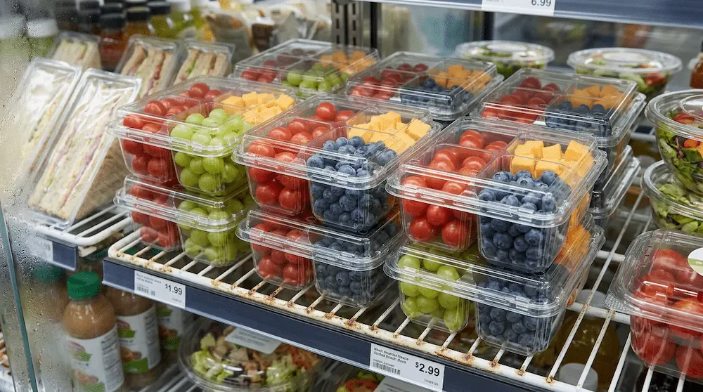 4 compartment PET clamshell container for cherry tomatoes, grapes, blueberries, and cheese snack packs