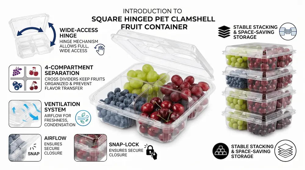 Functional introduction of a 4 Compartment PET Clamshell Container showing dividers, ventilation, snap-lock closure, and stacking