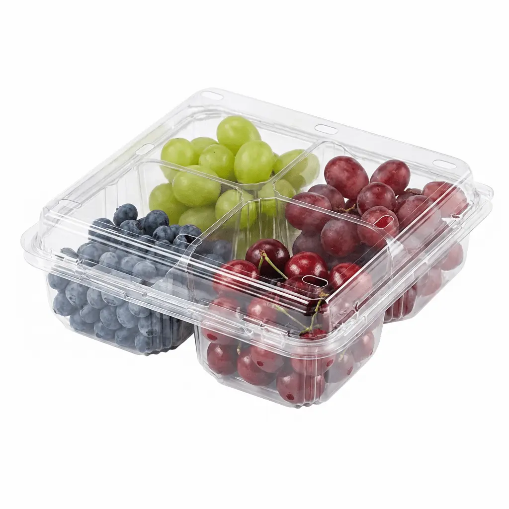 4 Compartment PET Clamshell Container for grapes, cherries, and blueberries in separate sections