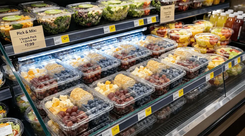 4 compartment PET clamshell container for grapes, cheese cubes, crackers, and blueberries in snack display