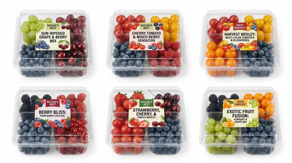 Labeled 4 Compartment PET Clamshell Container series for fresh fruit packaging