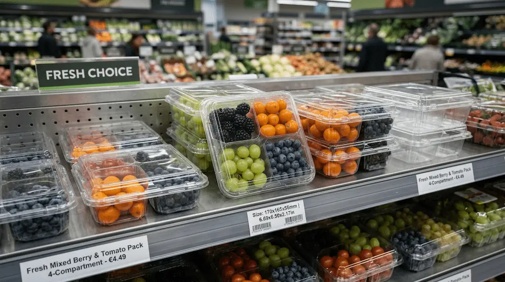 4 compartment PET clamshell container for mixed berries, grapes, blueberries, and tomatoes in supermarket display