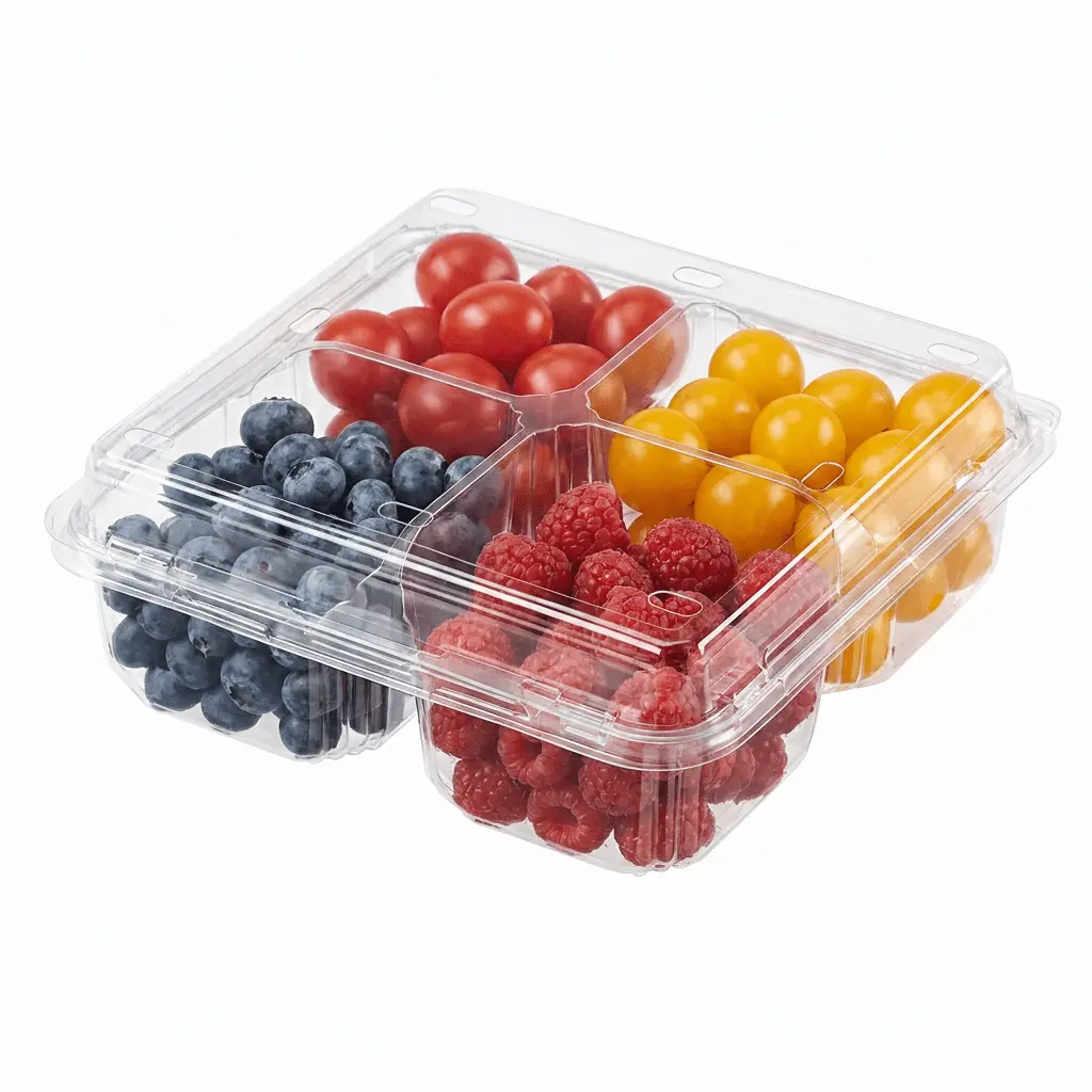 4-compartment-pet-clamshell-container-mixed-tomato-blueberry-raspberry 4 Compartment PET Clamshell Container with mixed cherry tomatoes, blueberries, and raspberries