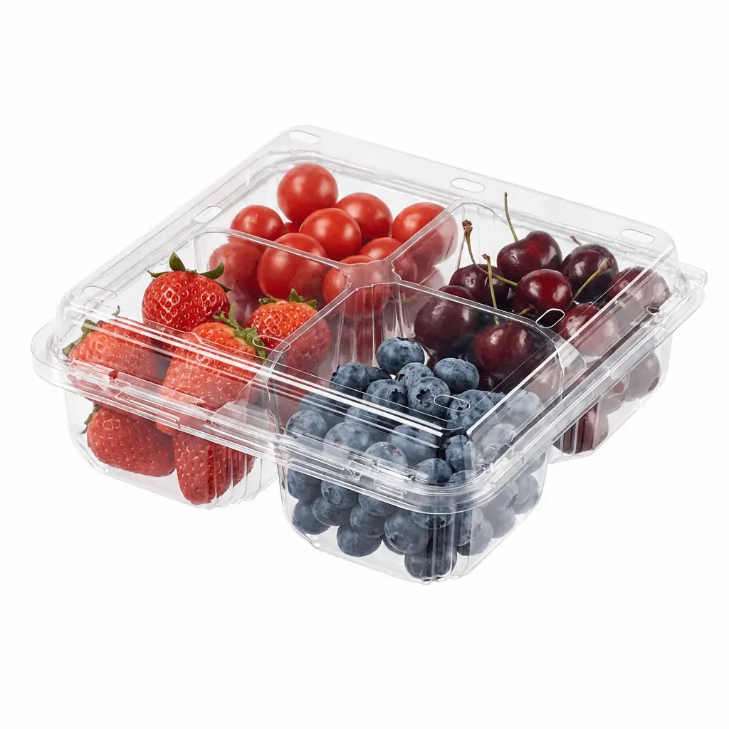 4-compartment-pet-clamshell-container-strawberry-cherry-tomato-blueberry 4 Compartment PET Clamshell Container with strawberries, cherries, cherry tomatoes, and blueberries