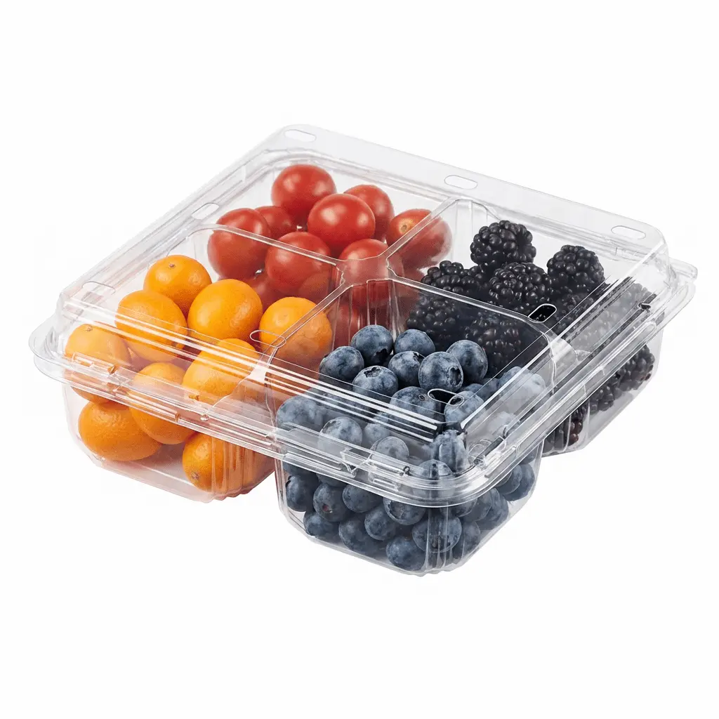 4-compartment-pet-clamshell-container-tomato-kumquat-blueberry-blackberry 4 Compartment PET Clamshell Container for cherry tomatoes, kumquats, blueberries, and blackberries