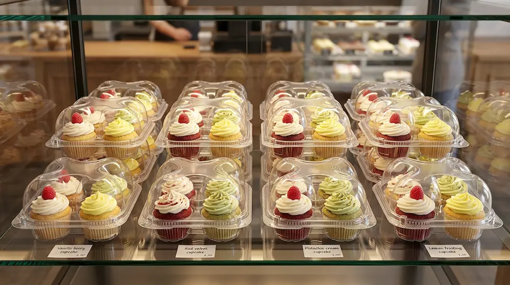 4-count cupcake container displayed in a bakery showcase with assorted frosted cupcakes