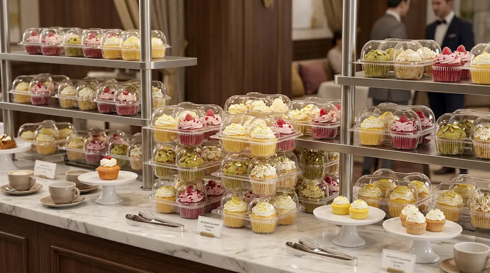 4-count cupcake container displayed on premium hotel cafe pastry counter