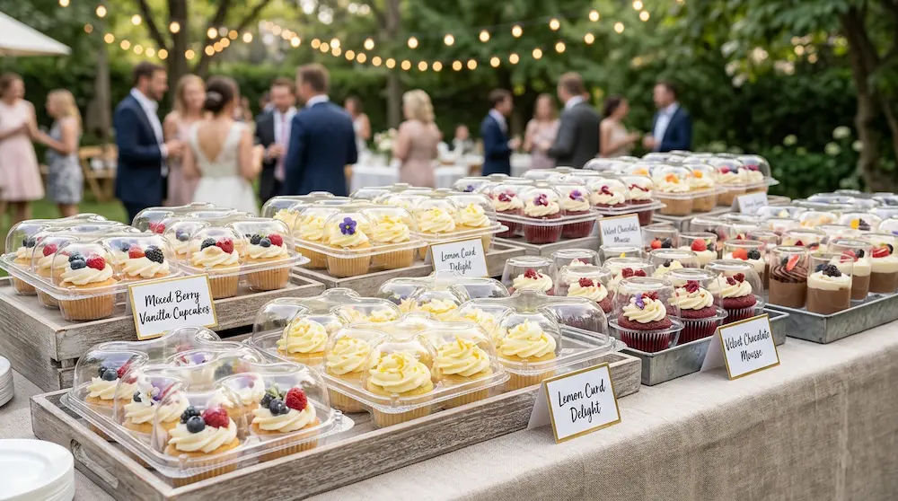 4-count cupcake container arranged on outdoor catering dessert table for events