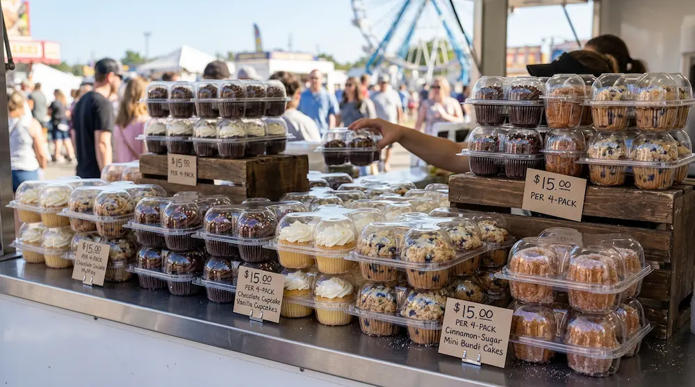 4-count cupcake container stacked at large public event concession stand