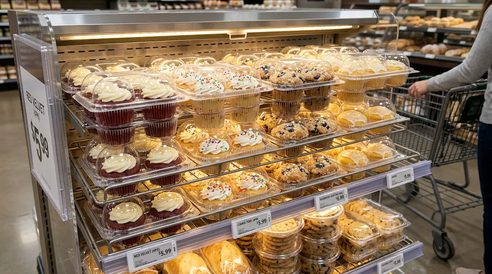 4-count cupcake container on upscale supermarket bakery shelf with muffins and cupcakes