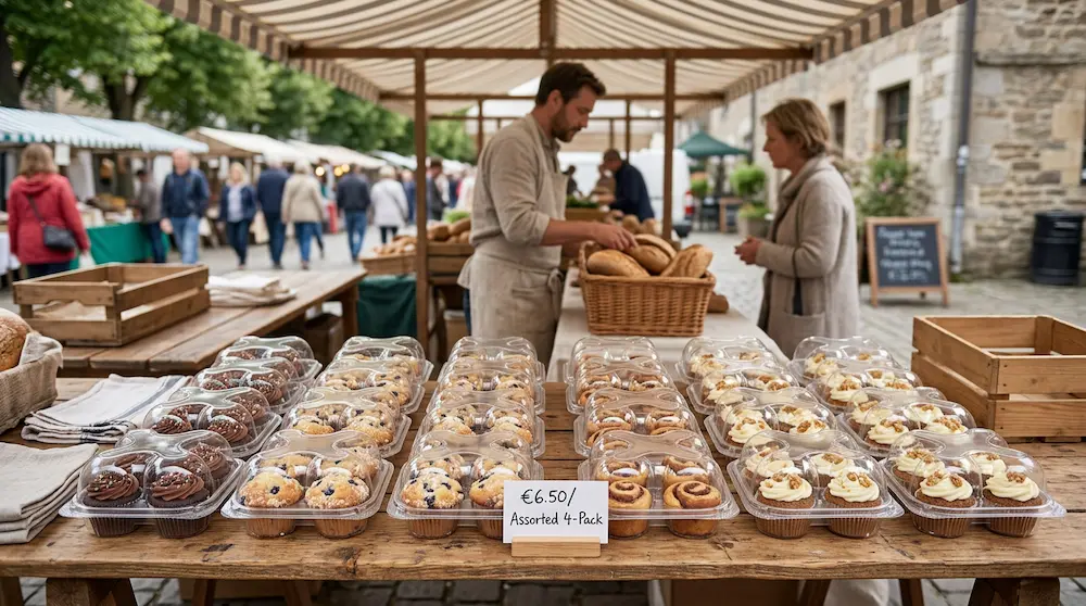 4-count cupcake container used at outdoor weekend market bakery stall
