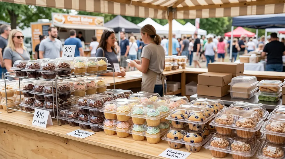 4-count muffin container for outdoor event concession stand and bakery snack sales