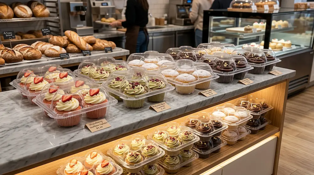 4-count muffin container for premium bakery and cake shop front counter display