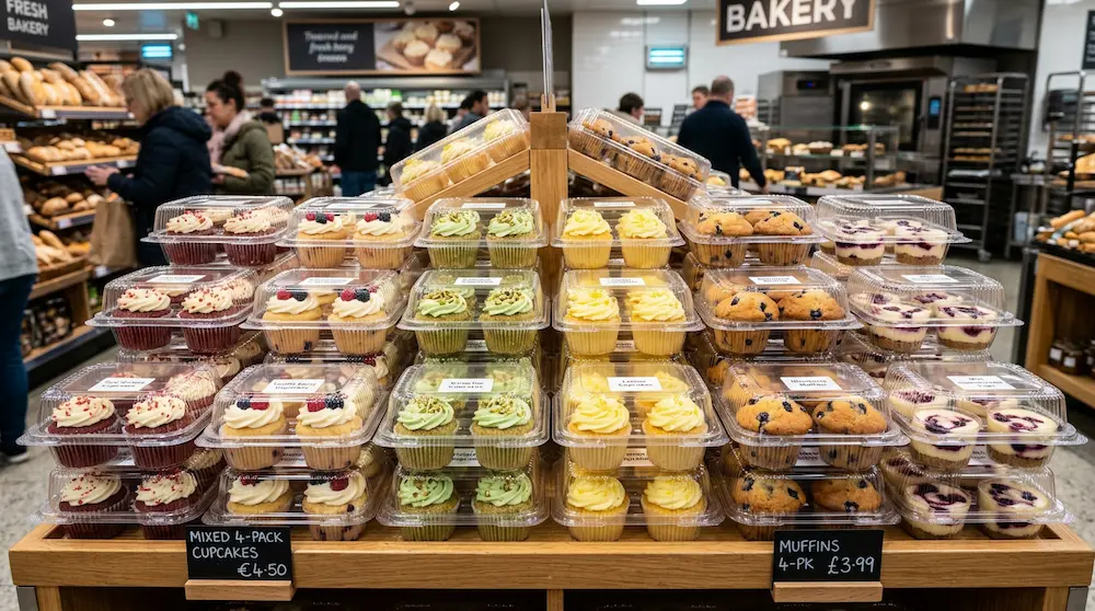 4-count muffin container for high-volume supermarket bakery island display