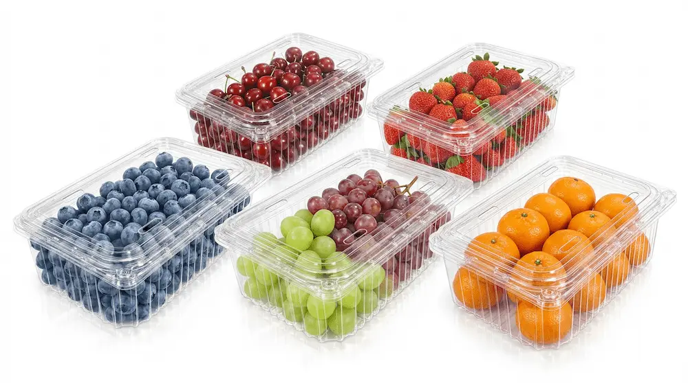 Assorted 4 lb clear PET/RPET vented hinged fruit clamshell containers filled with berries, grapes, cherries, and mandarins