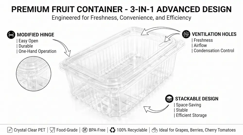 4 lb clear PET/RPET vented hinged fruit clamshell container with hinge, ventilation, and stackable design features