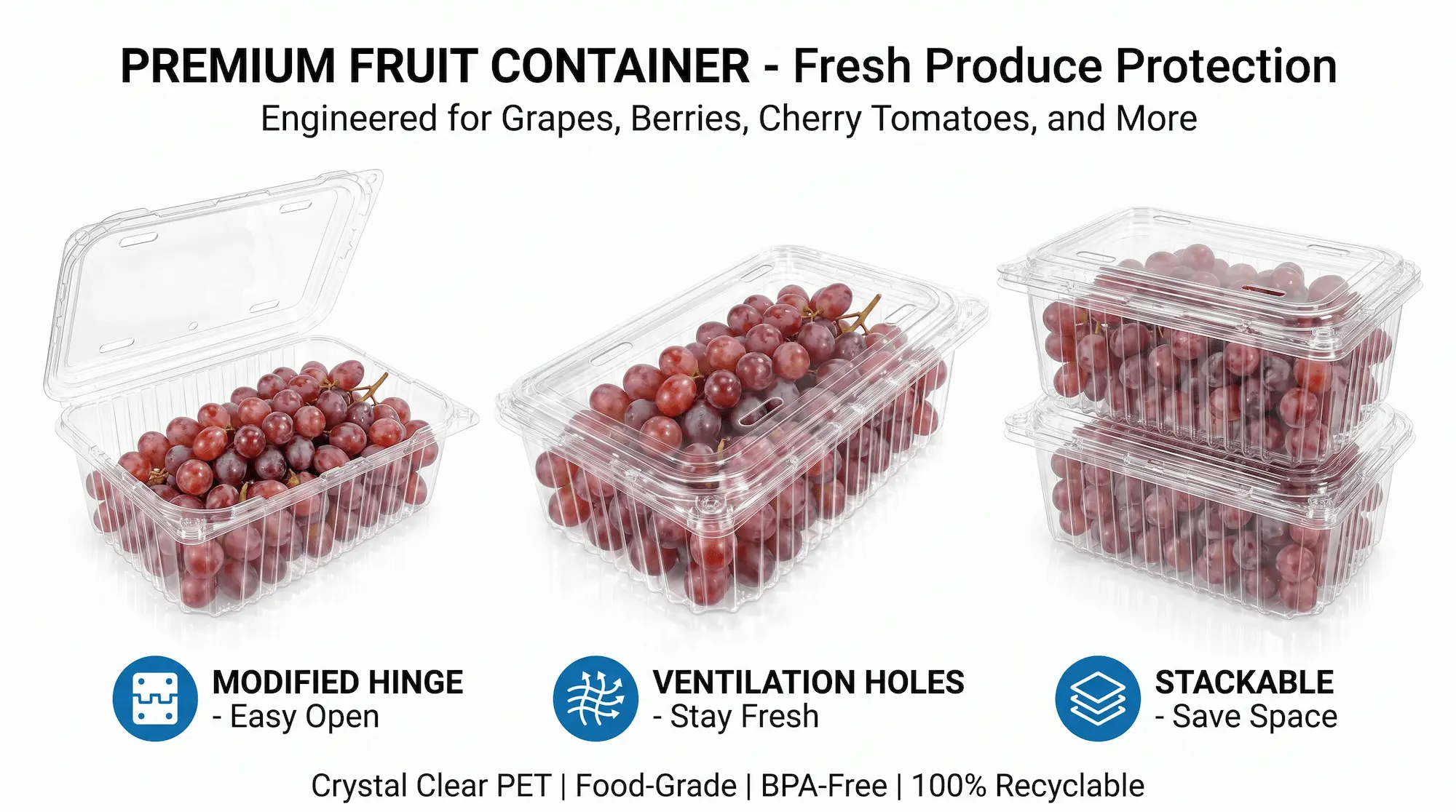 4 lb clear PET/RPET vented hinged fruit clamshell container for grapes with fresh produce protection features