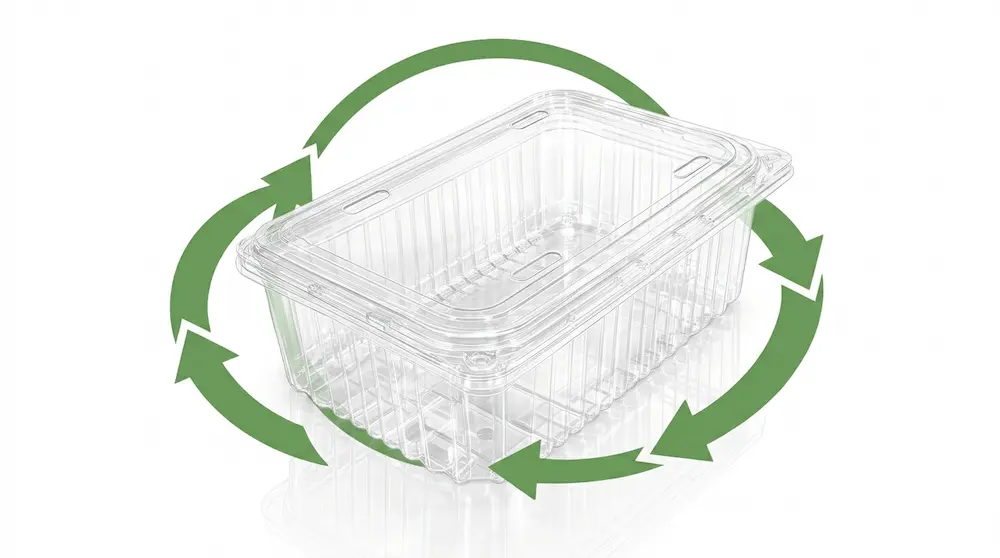 4 lb clear PET/RPET vented hinged fruit clamshell container with green recycling arrows