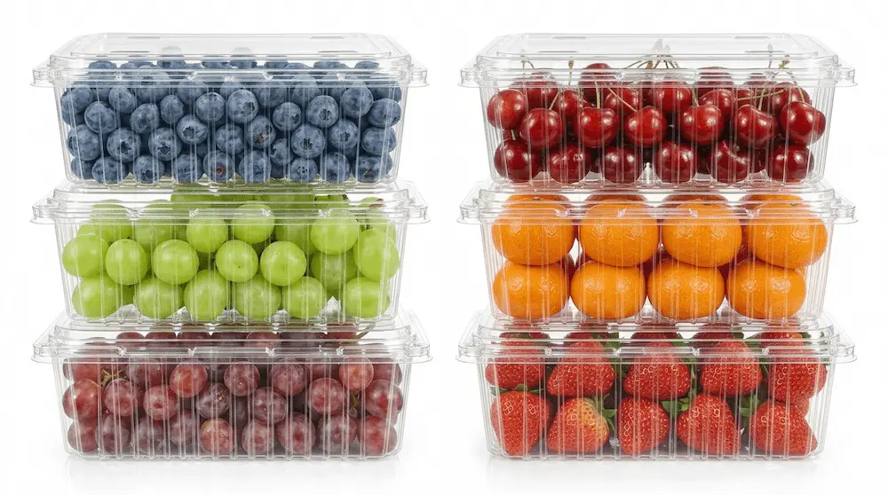 Stacked 4 lb clear PET/RPET vented hinged fruit clamshell containers for blueberries, grapes, mandarins, and strawberries