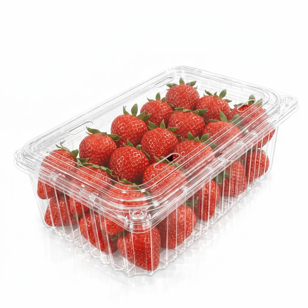 4 lb clear PET/RPET vented hinged fruit clamshell container filled with fresh strawberries