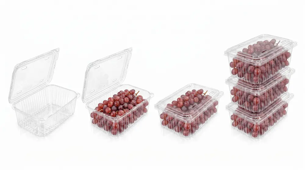 4 lb clear PET/RPET vented hinged fruit clamshell container showing open, filled, closed, and stacked use