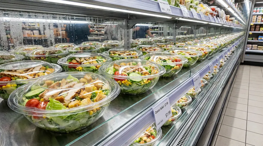 40OZ PET salad bowl for large salads displayed in an American supermarket chilled salad case