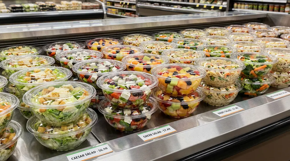 40OZ PET salad bowl for large salad and mixed prepared food display in supermarket island case