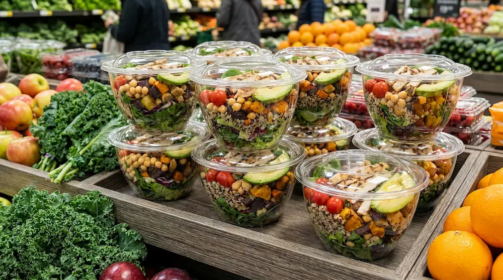 48oz PET salad bowl for fresh salad and fruit display in organic supermarket