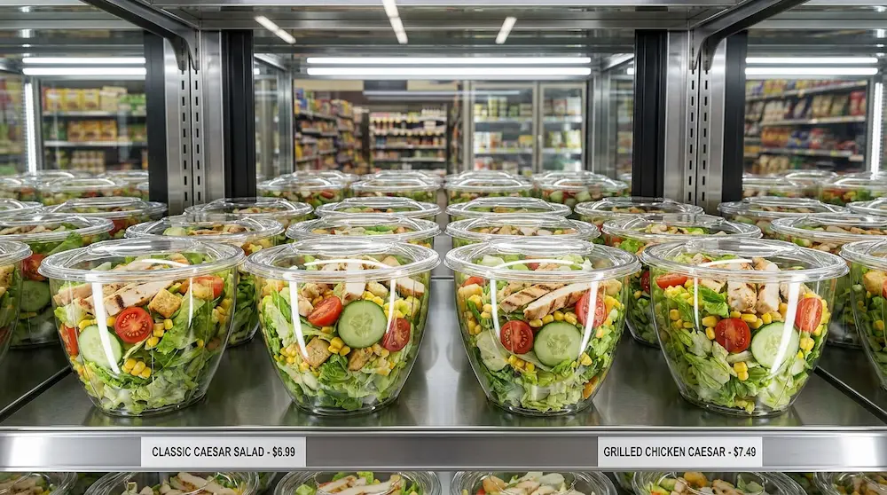 48oz clear PET salad bowl with lid in refrigerated supermarket salad display