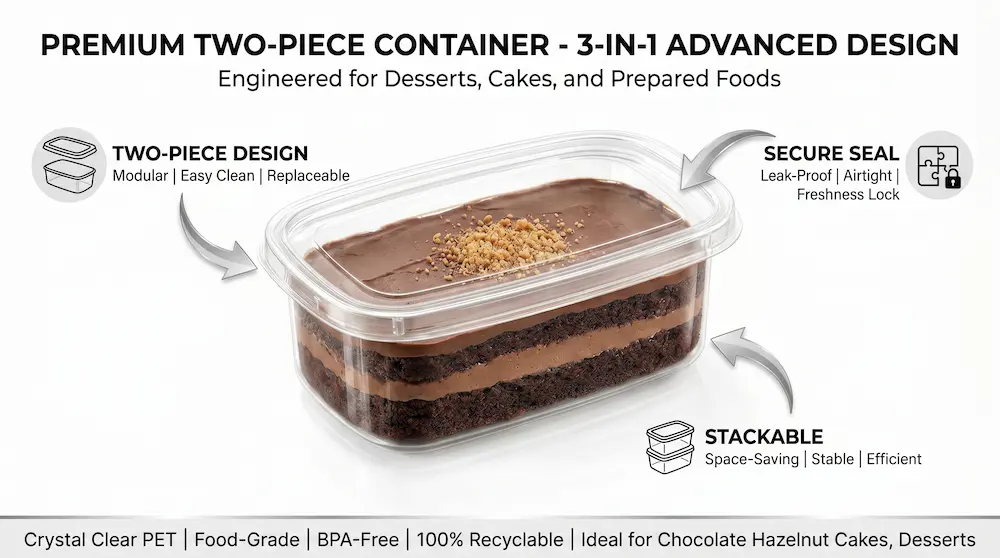 5.12 x 3.54 x 1.97 inch clear PET/RPET rectangular dessert container with anti-fog lid, featuring two-piece design, secure seal, and stackable function.