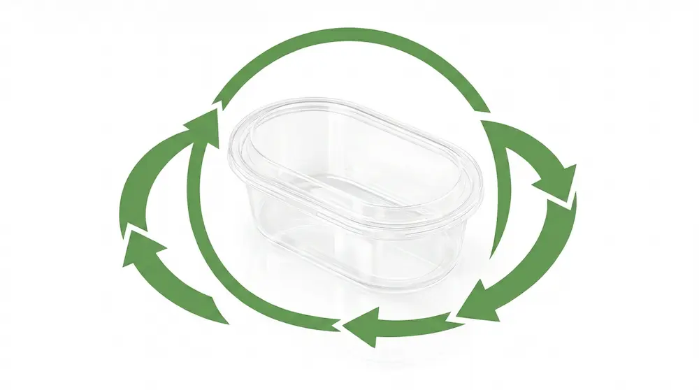 5.12 x 3.54 x 1.97 inch clear PET/RPET rectangular dessert container with anti-fog lid, shown with green recycling arrows for sustainable dessert packaging.