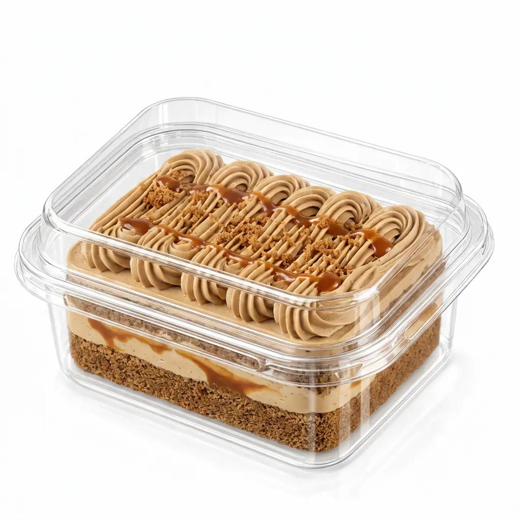 5-31x4-33x2-56-clear-pet-rpet-dessert-container-caramel-sea-salt-coffee-cake 5.31 x 4.33 x 2.56 inch clear PET/RPET dessert container filled with caramel sea salt coffee cake for bakery packaging.