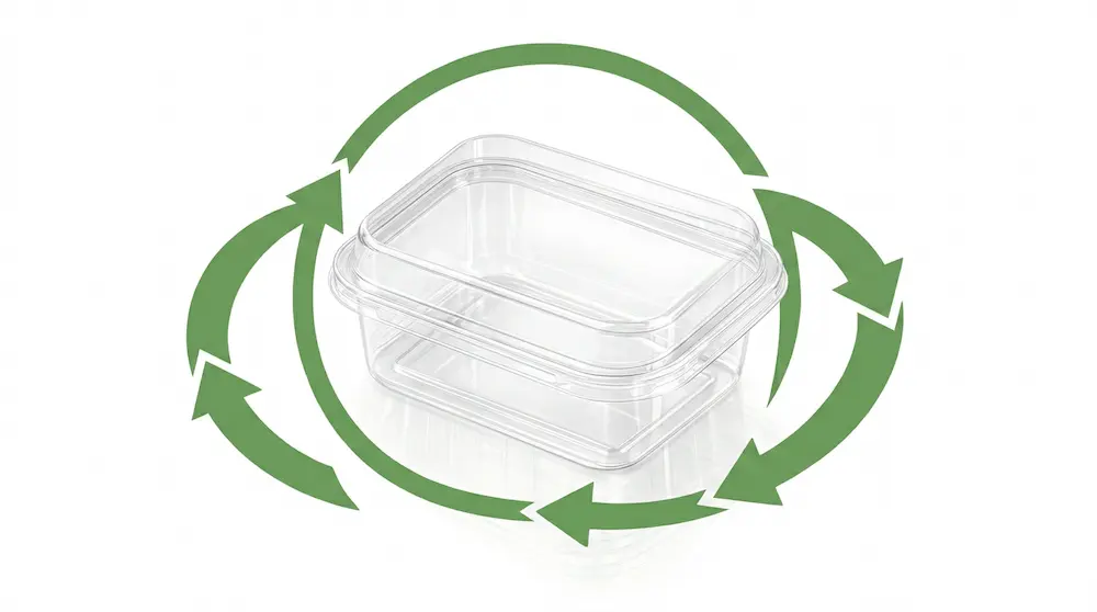 5.31 x 4.33 x 2.56 inch clear PET/RPET dessert container shown with green recycling arrows for recyclable bakery and dessert packaging.