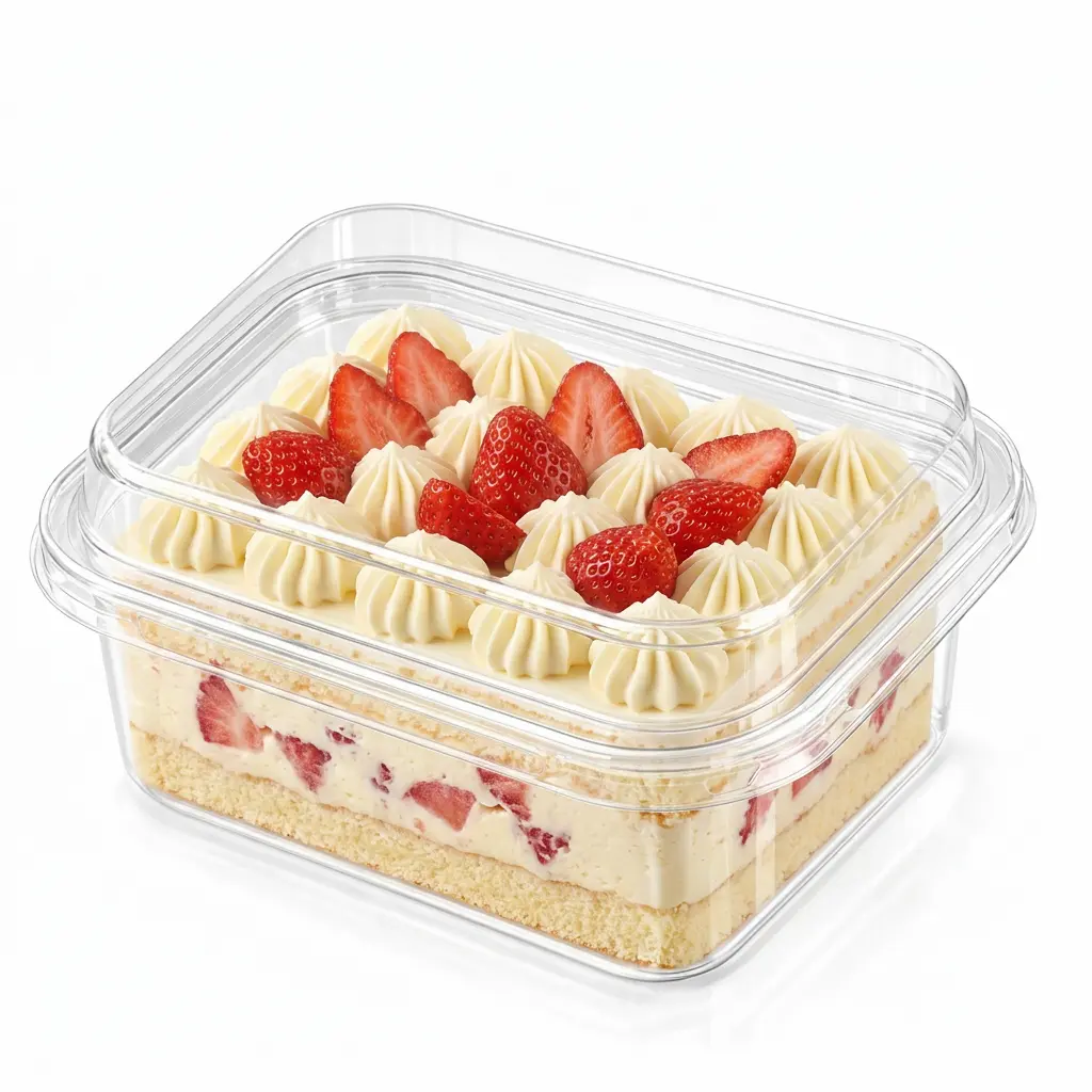 5-31x4-33x2-56-clear-pet-rpet-dessert-container-strawberry-cream-cake 5.31 x 4.33 x 2.56 inch clear PET/RPET dessert container filled with strawberry cream cake for bakery takeaway and chilled dessert display.