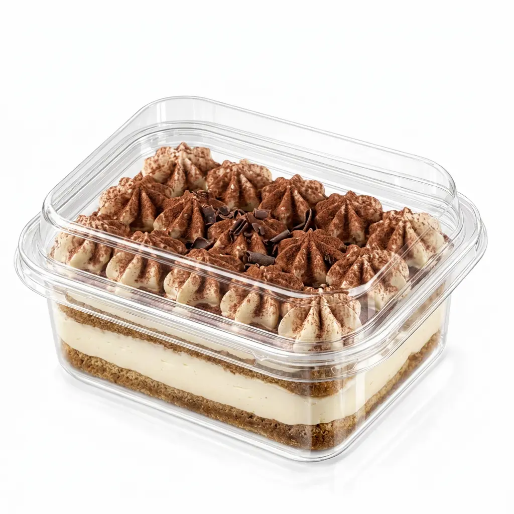 5-31x4-33x2-56-clear-pet-rpet-dessert-container-tiramisu-cake 5.31 x 4.33 x 2.56 inch clear PET/RPET dessert container filled with tiramisu cake for premium bakery and cafe packaging.