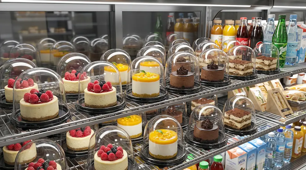 5 Inch High Dome Round Cake Container with Black Base for cafe refrigerated dessert and beverage display