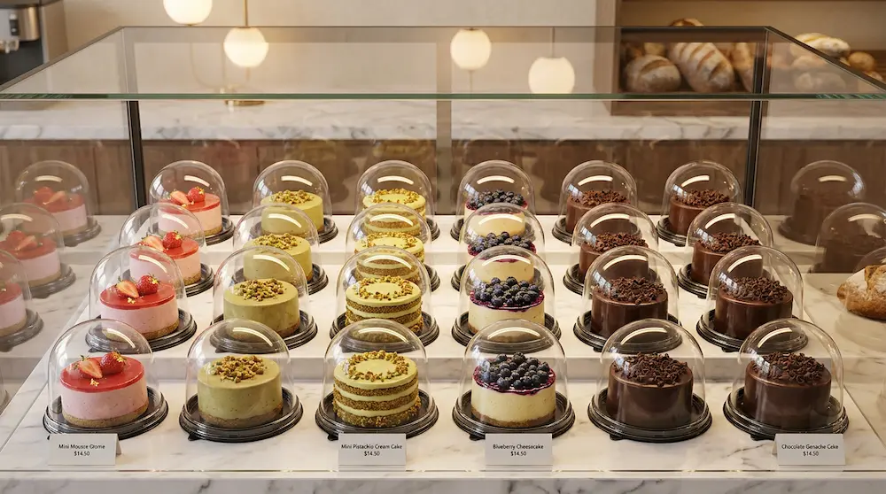 5 Inch High Dome Round Cake Container with Black Base used in a premium cake shop glass display case