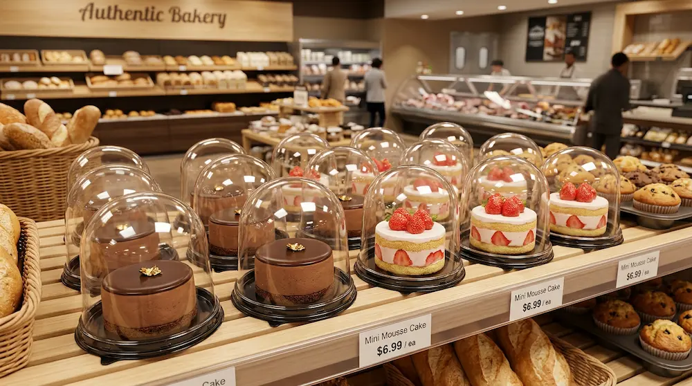 5 Inch High Dome Round Cake Container with Black Base displayed on a premium bakery shelf with mini mousse cakes